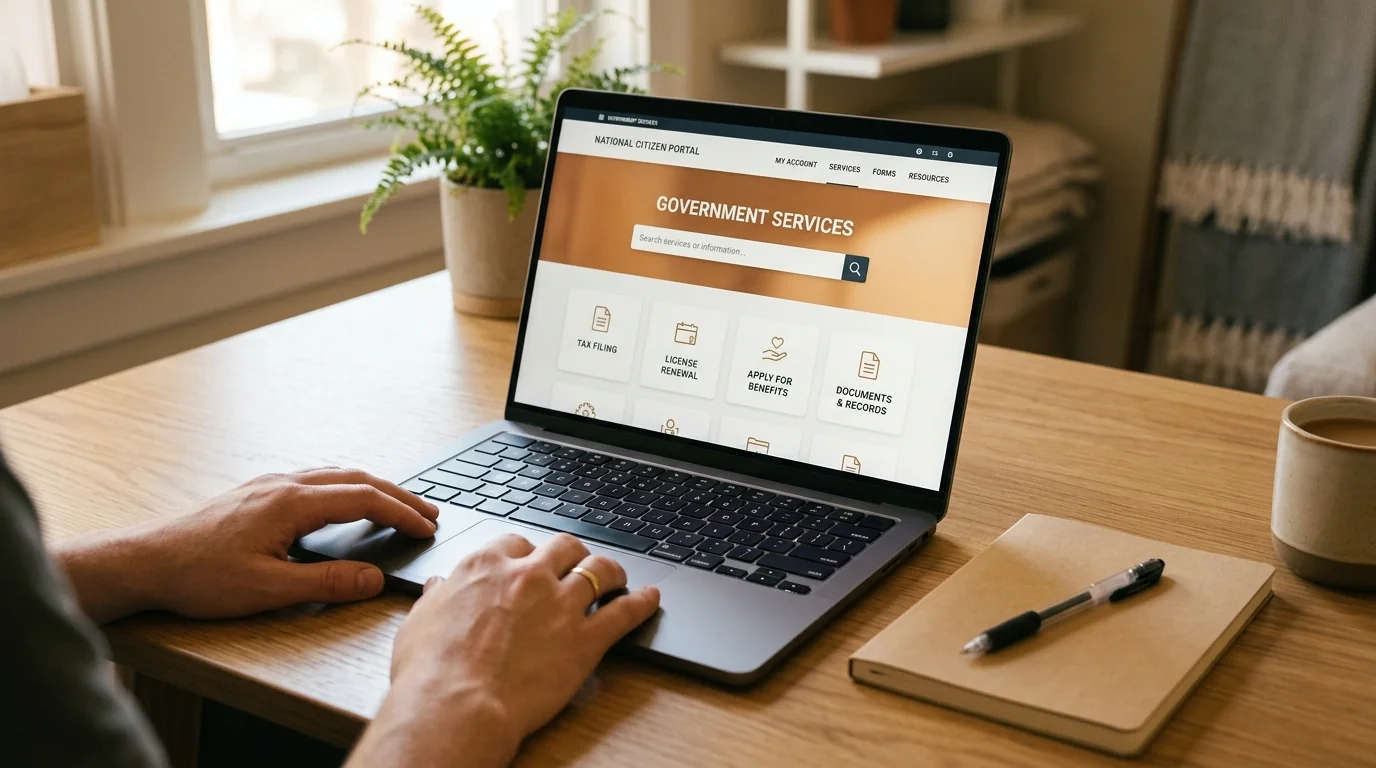 Vue du site service-public.fr sur un écran d'ordinateur, mains sur le clavier
