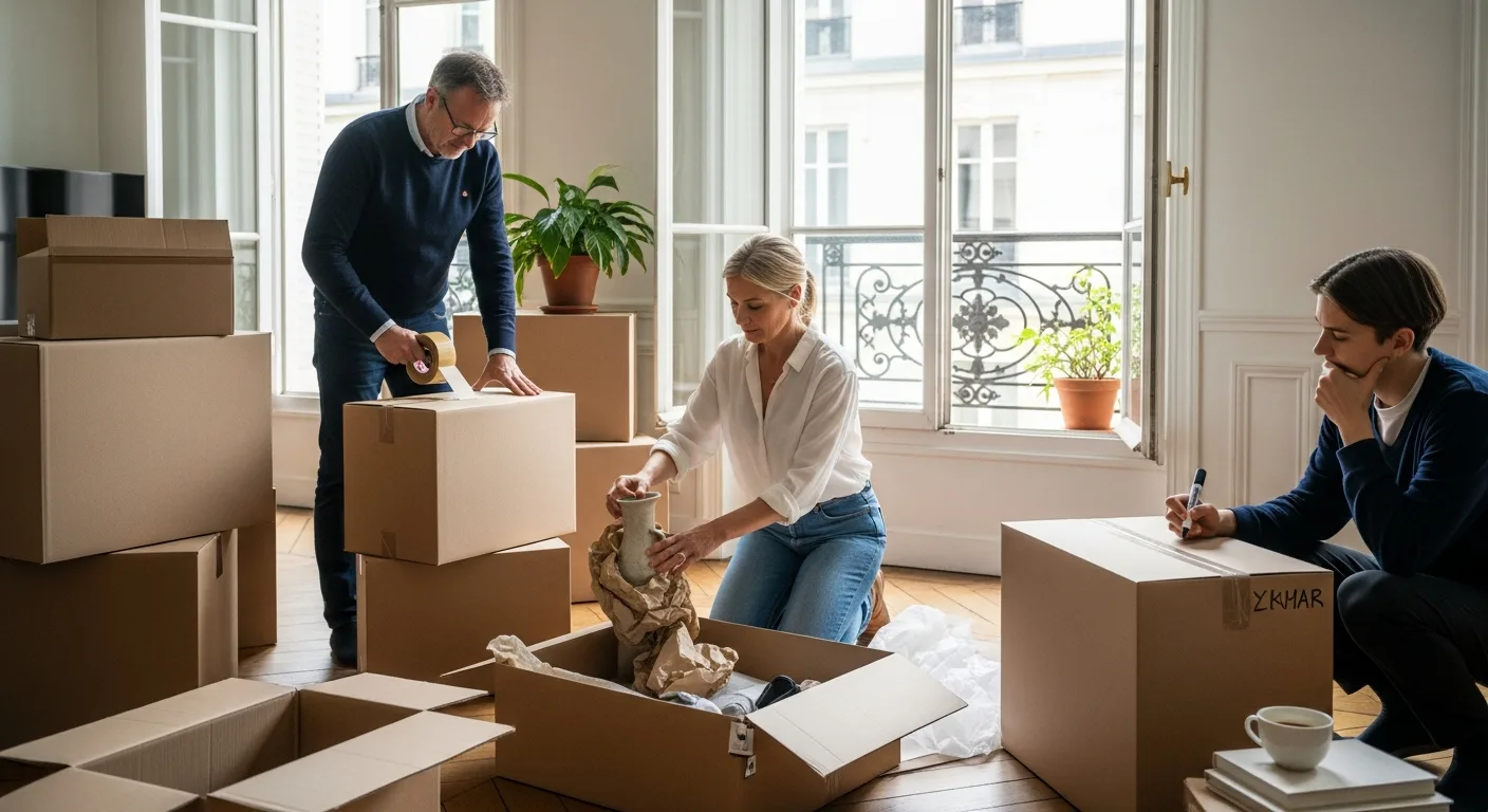 Famille qui organise des cartons avant un déménagement
