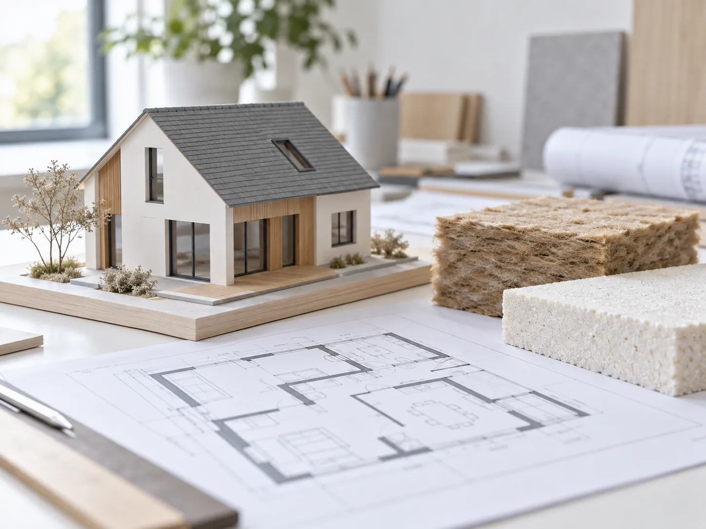 Maquette de maison, plan et matériaux isolants pour une étude RE2020