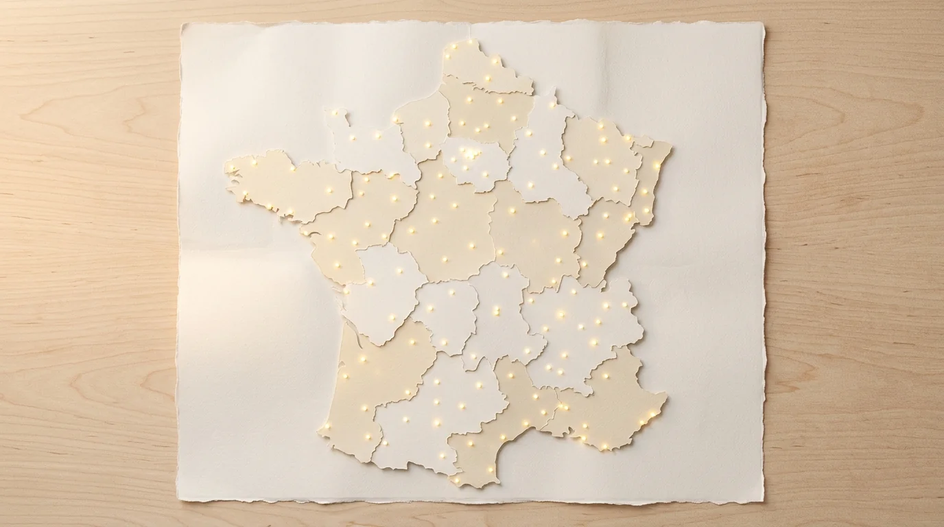 Carte de France avec des points lumineux représentant la participation citoyenne dans les territoires